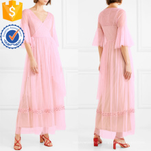 Rosa plissado v-pescoço bead-embelezado tule envoltório maxi vestido de verão manufatura grosso moda feminina vestuário (t0328d)
